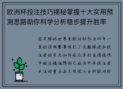 欧洲杯投注技巧揭秘掌握十大实用预测思路助你科学分析稳步提升胜率 欧洲杯投注技巧揭秘掌握十大实用预测思路助你科学分析稳步提升胜率