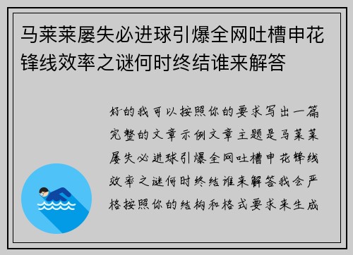 马莱莱屡失必进球引爆全网吐槽申花锋线效率之谜何时终结谁来解答